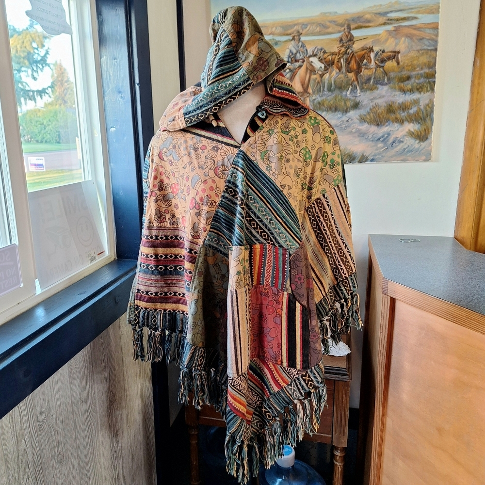 Kathmandu Imports Mushroom Patchwork Fringed Poncho, 100% Cotton, Size S/M? - Picture 3 of 14